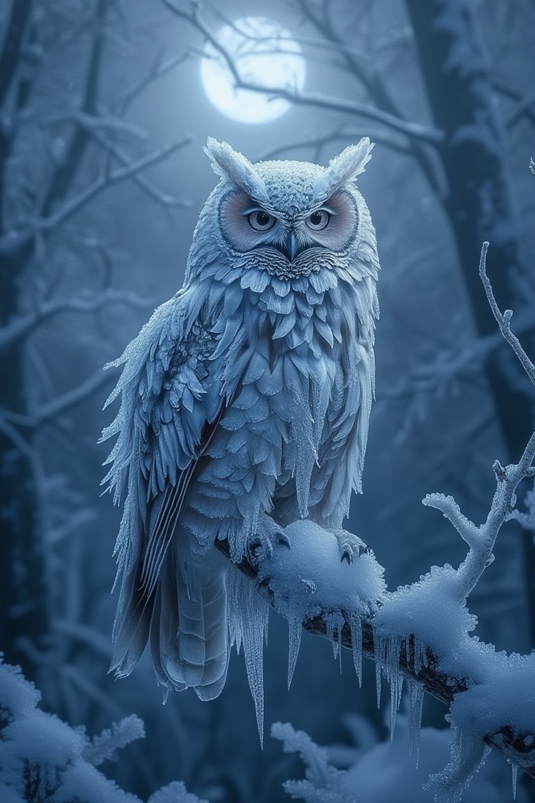 A frozen owl perched on a tree branch,  its feathers stiff and shimmering with ice. The background is a dark,  snowy fores...