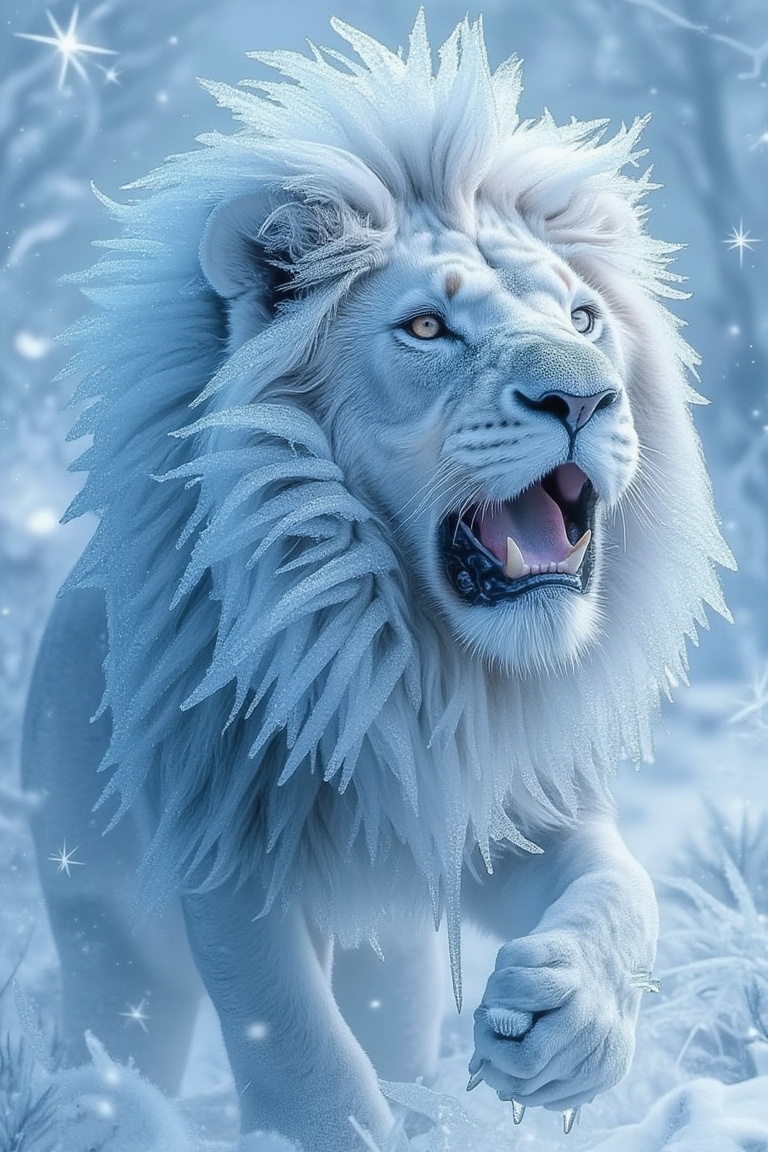 A frozen lion in mid-roar,  its majestic mane covered in frost and ice. The savannah is transformed into a frozen wastelan...