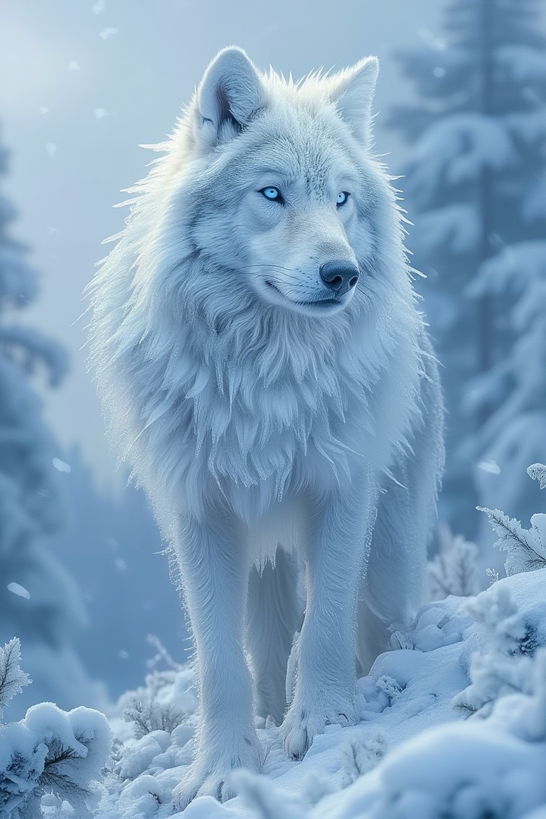 A frozen wolf standing majestically in a snowy forest,  its fur coated with ice crystals,  eyes glowing faintly in the icy...