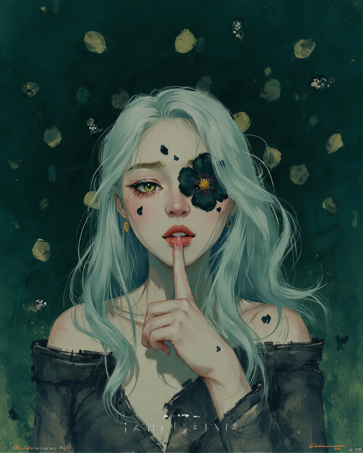 In a whimsical watercolor landscape, a mystical anime portrait unfolds: a woman shrouded in an ethereal aura of black and green mist, her features illuminated by an otherworldly glow. A dark flower blooms on her face, covering one eye like a mystical veil. Her pale hair cascades down her back, contrasting with the cold, calculated aesthetic. Amidst the darkness, black rose petals scatter across the dark green background. The subject's finger presses against her lips, as if commanding silence, in a Winslow Homer-esque tableau of mystery and allure,TT,