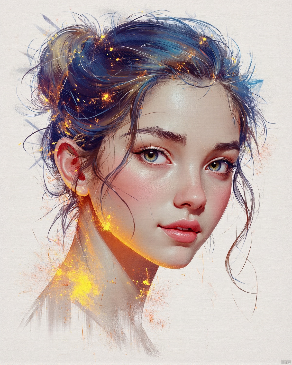 TT, A stunning 8K fractal artwork! On a crisp white background, a majestic young woman's face is delicately rendered in intricate lines and swirling patterns. Her features are exquisitely detailed, with shimmering bright colors that seem to dance across her skin. Soft, feathery strands of hair frame her gentle expression, evoking a sense of ethereal romance. The overall effect is breathtakingly beautiful, a true masterpiece of digital artistry.