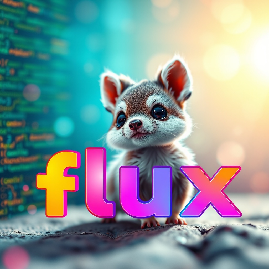 Captivating banner image for 'flux',  featuring an adorable small animal character,  set against a bright and cheerful bac...