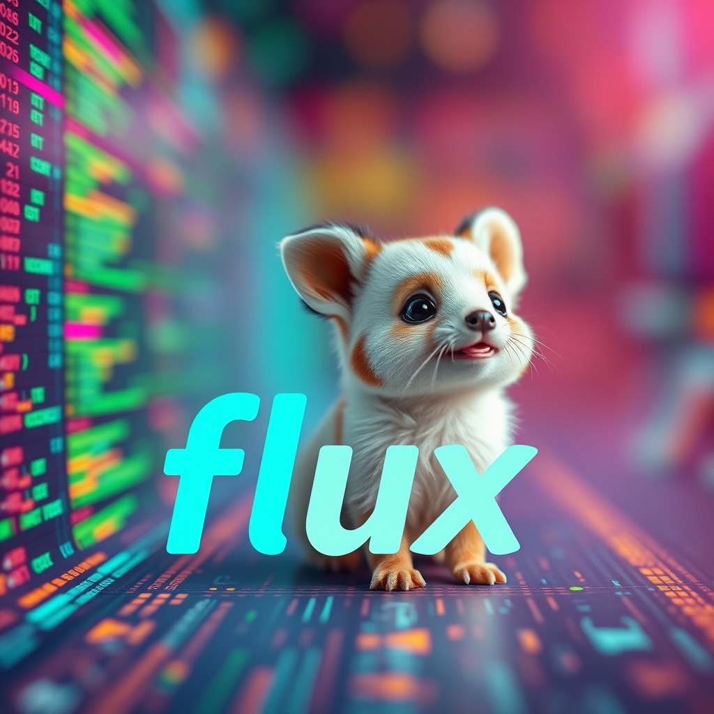 Captivating banner image for 'flux',  featuring an adorable small animal character,  set against a bright and cheerful bac...