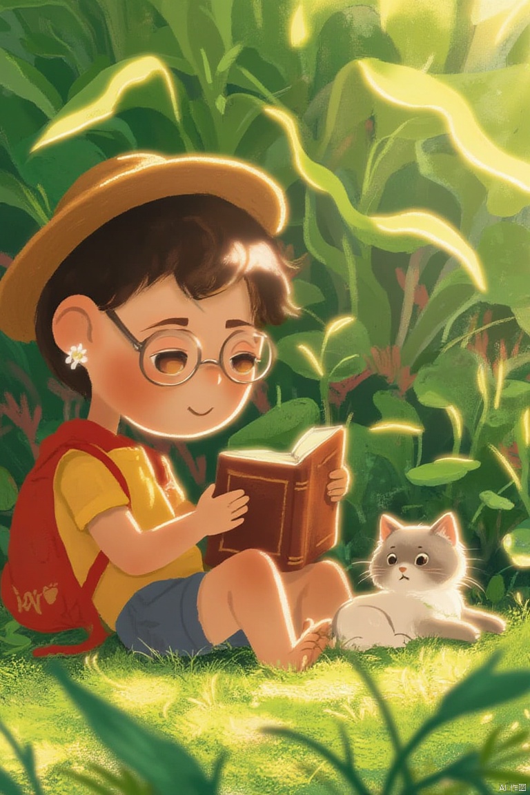 A tender moment of serenity: A curious little boy, surrounded by lush greenery, sits cross-legged on the sun-drenched grass, engrossed in his favorite book. Next to him, a playful kitten with fluffy fur and big bright eyes lazily stretches out, as if trying to get comfortable amidst the gentle rustling of leaves.