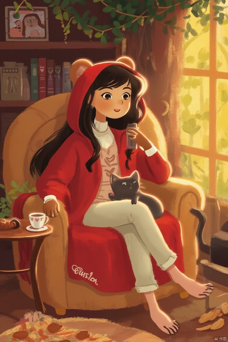 Thumbelina girl wearing a bear ears hoddie long coat, bear paws gloves, sitting in an armchair in a tree hole livingroom. next to the armchair is a small table with a hot drink and a plate of cookies. on the wall behind is a framed picture of the girl and her cat.