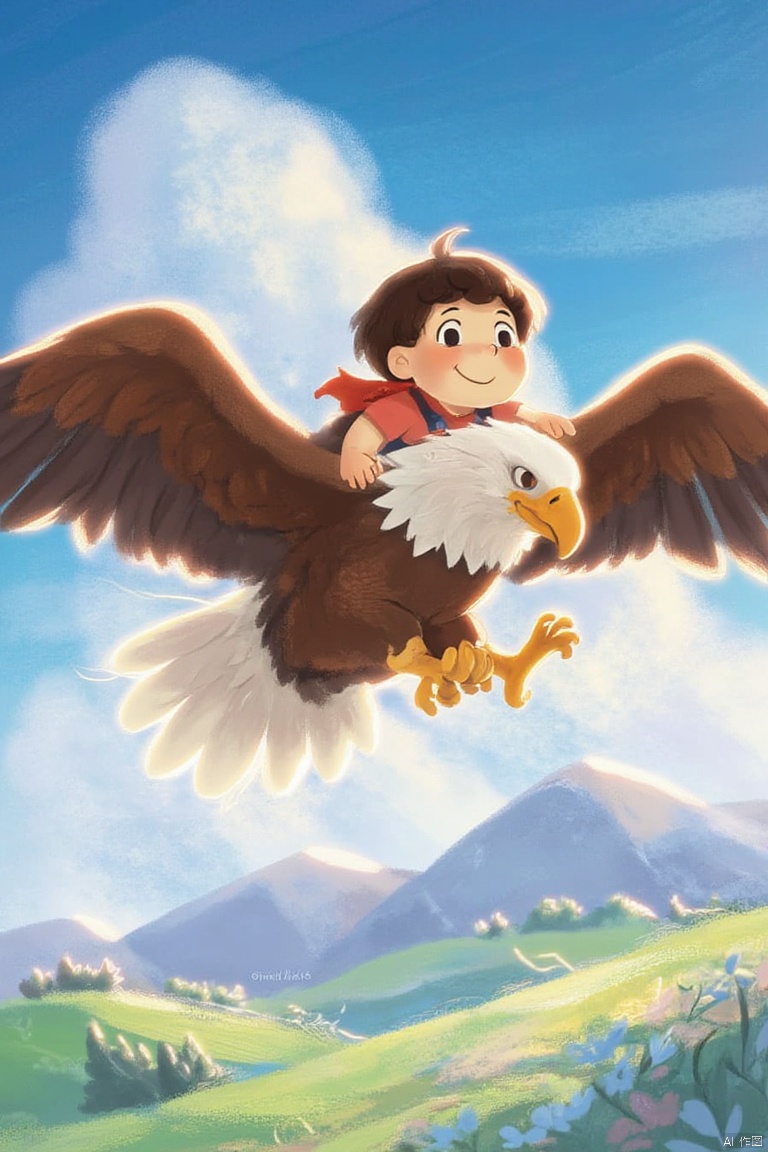 A majestic bald eagle soars through a clear blue sky, its powerful wings outstretched as a tiny boy with a curious grin clings to its feathers, his small hands grasping firmly onto the eagle's back as it glides effortlessly above a serene landscape of rolling hills and fluffy white clouds.