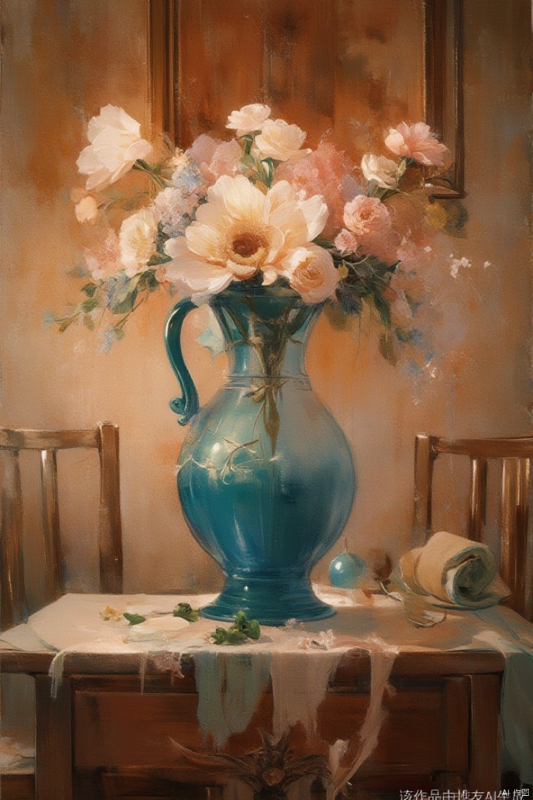 Close up, vase on restaurant table, front composition, wallpaper, high resolution, oil painting style,