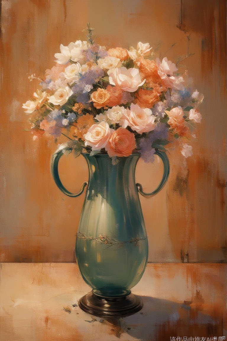 The arrangement of blooming flowers and other flowers, with warm tones and soft focal effects, creates a retro atmosphere, emphasizing the details and romance of the flowers. High quality vases and shapes, Oil painting style, oil painting