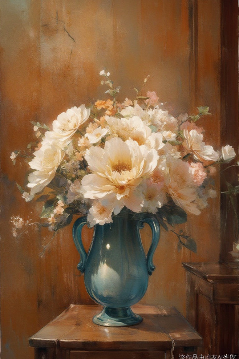 Close up, vase on the living room table, front composition, wallpaper, high resolution, oil painting style,