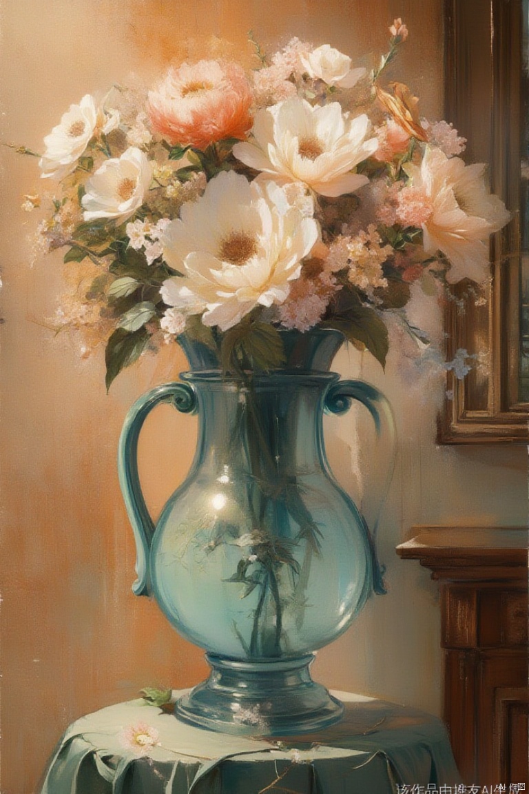 Close up, open window, vase on windowsill, front composition, wallpaper, high resolution, oil painting style, oil painting