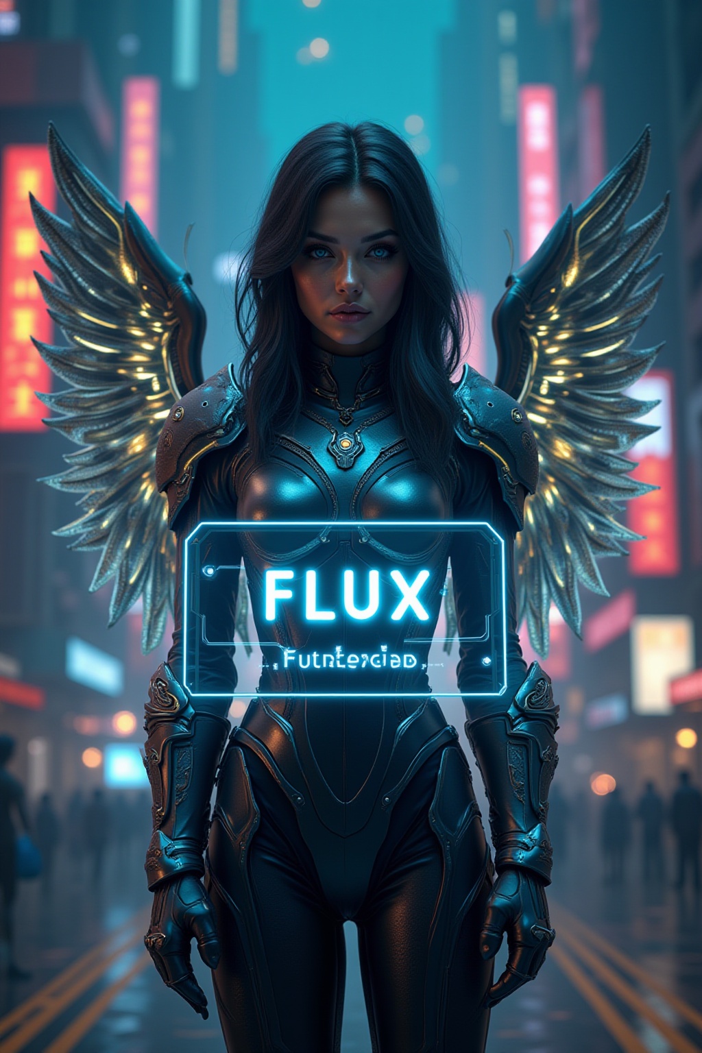 A beautiful girl in a futuristic cyberpunk universe,  wearing sleek,  glowing armor with large mechanical angel wings. She...