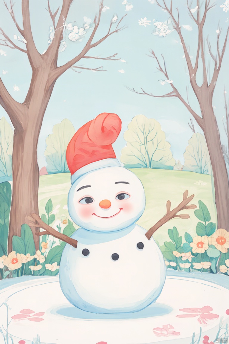 Snowman, winter scene, cartoon style, snowflakes, leafless trees, blue background, smile, carrot nose, red fluffy ball hat, branch arm, three black buttons, joyful atmosphere, light snow, pink, children's book illustration, illustration, digital art, natural, peaceful, seasonal, simple style, textured paper effect, rural, harmonious, soft colors, soft lighting, children's hand drawing, pencil drawing, illustration, bright colors, rich and colorful content, increased details, improved clarity, extremely high resolution