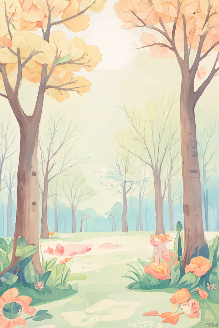 Watercolor style, pastel, forest, trees, snowflakes, fallen leaves, seasonal transitions, autumn and winter, green and white backgrounds, illustrations, digital art, nature, tranquility, seasonality, simple style, textured paper effects, vertical layout, countryside, harmony, soft colors, soft lighting, children's hand drawing, pencil drawing, illustrations, bright colors, rich and colorful content, increased details, improved clarity, extremely high resolution