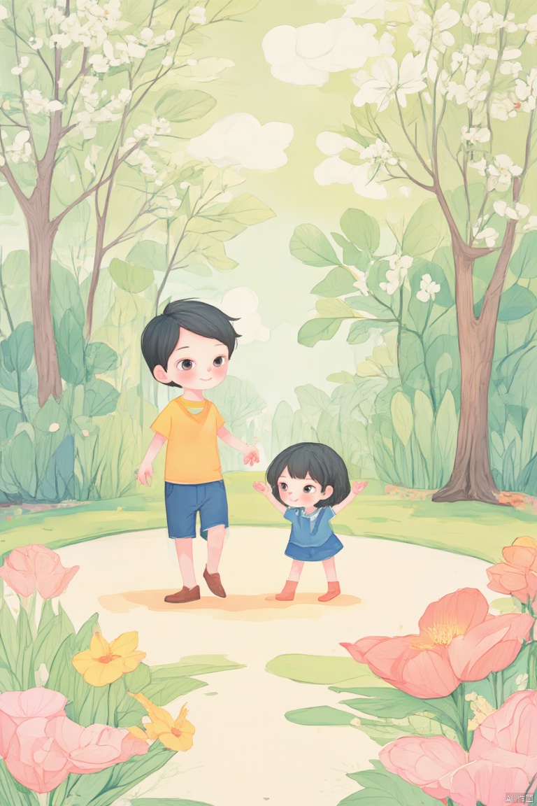 There are little boys and girls in the park, cute, spring, green, children's hand drawn, pencil drawn, illustrated, with bright colors, rich and colorful content, increased details, enhanced clarity, and extremely high resolution