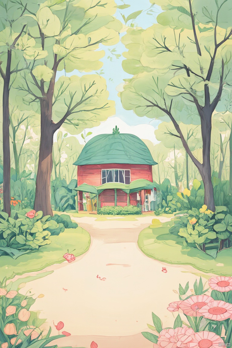 A house with green leaves covering its exterior walls, wrapped in layers. The countryside and small roads create a peaceful and lonely atmosphere, with children's hand drawn, pencil drawn, and illustrated drawings. Bright colors, rich and colorful content, increased details and clarity, and extremely high resolution