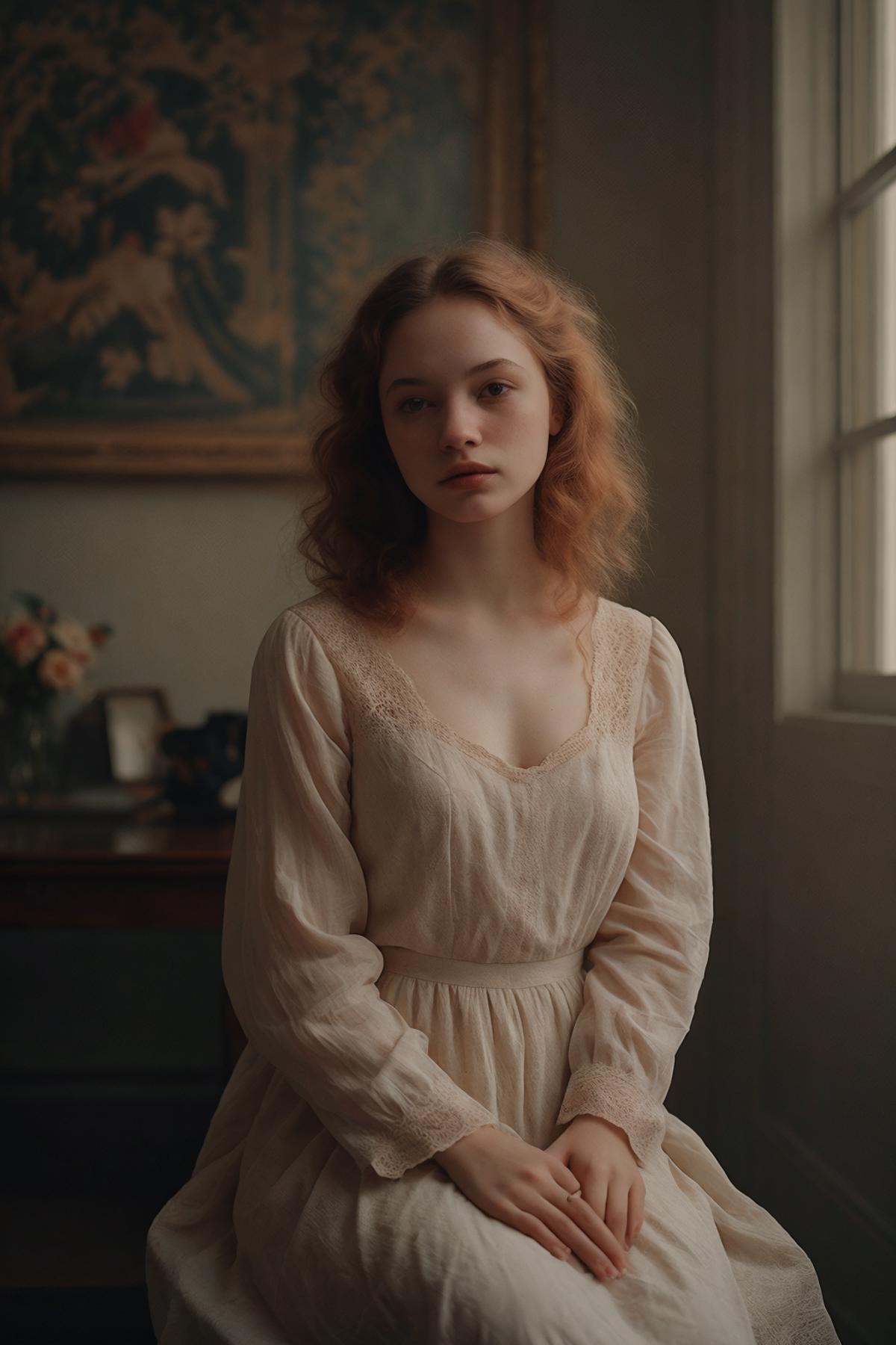 portrait of a beautiful 1920's high class young aristocrat female with curly auburn hair seated in a formal room in an ari...