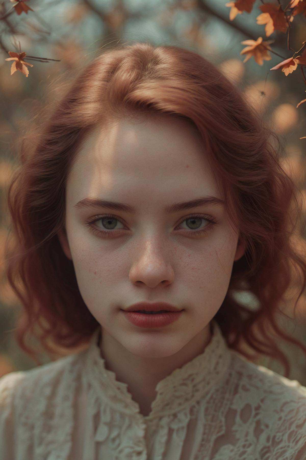 ethereal fantasy of closeup photo session of a beautiful woman,  with long,  flowing red hair on Tensor.Art