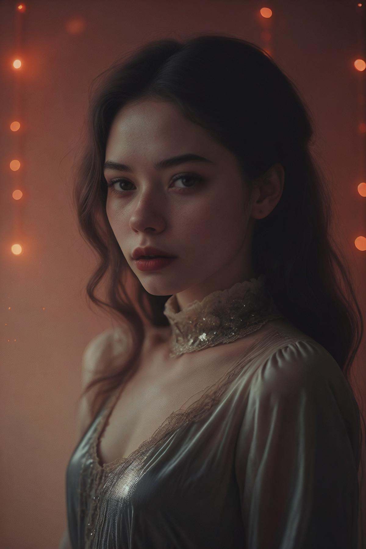 a woman in red luminescence,  (red theme),  dark background on Tensor.Art