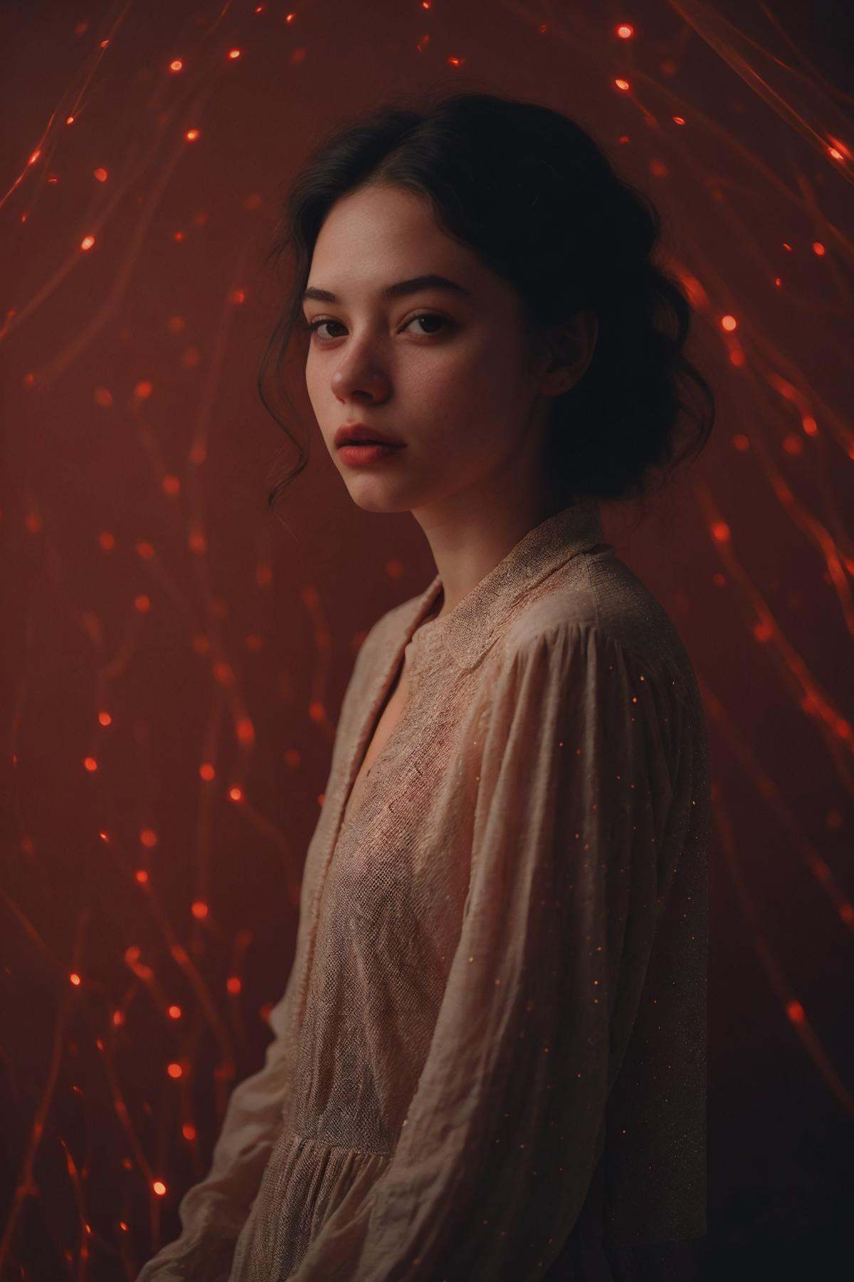 a woman in red luminescence,  (red theme),  dark background on Tensor.Art