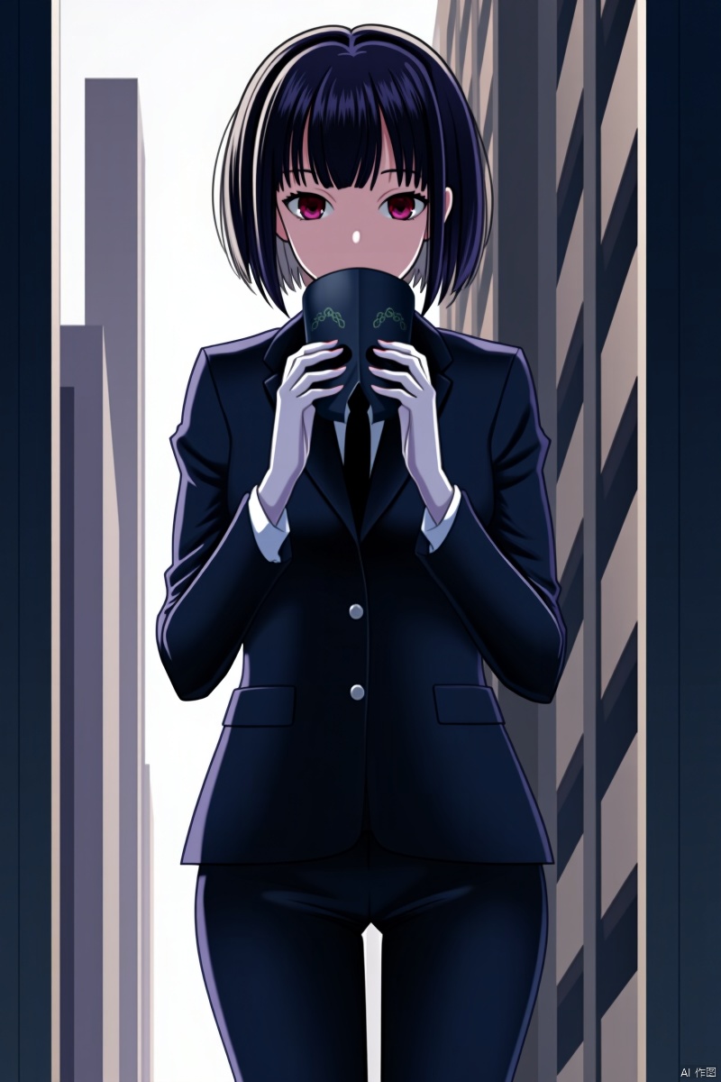 1girl in black suit holding a mask,short hair, modern city background,