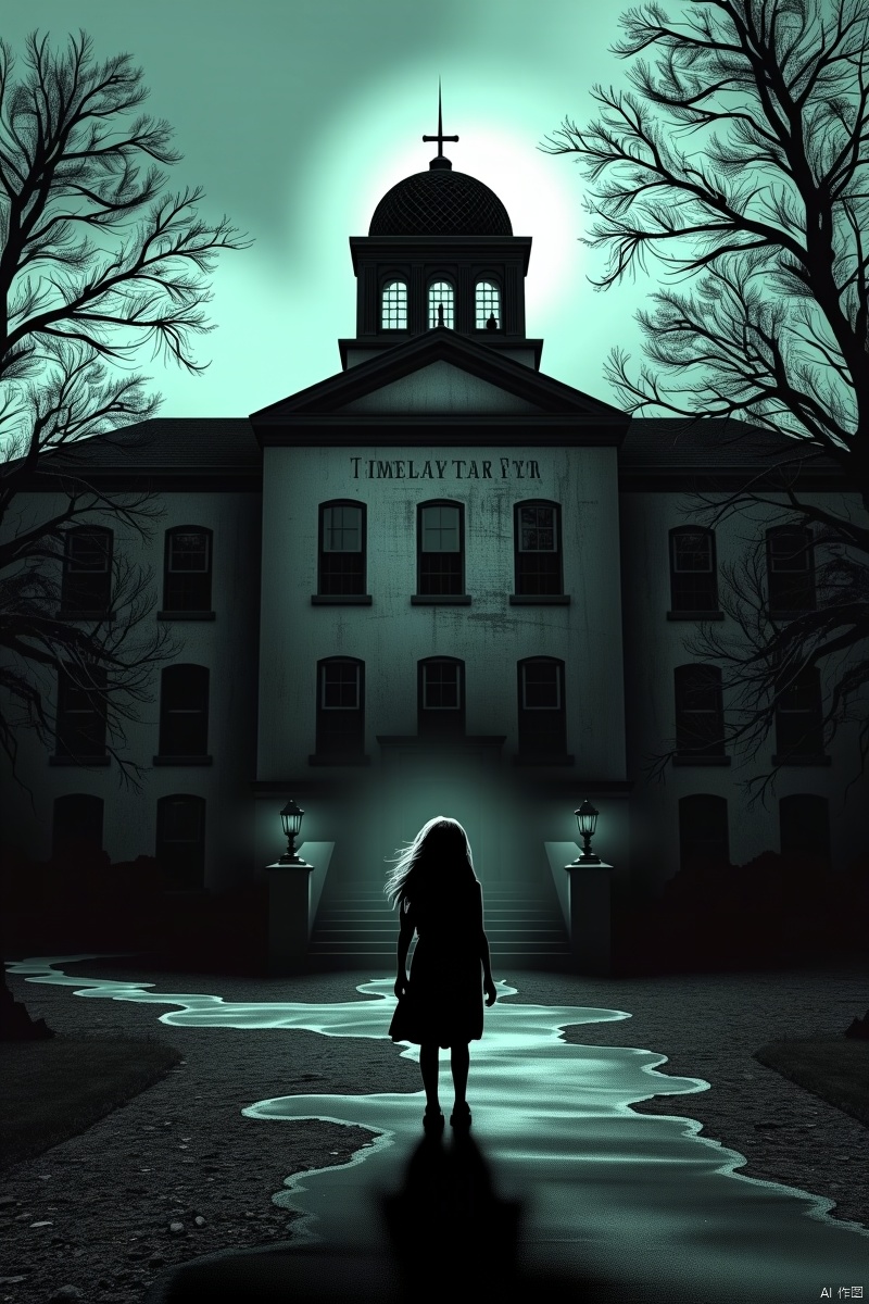 A girl stand outside a asylum, dark and horror theme ,