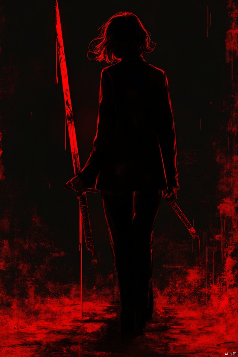 silhouette of a bleeding Broadsword, 1girl with black short hair and black suit,horror and blood theme