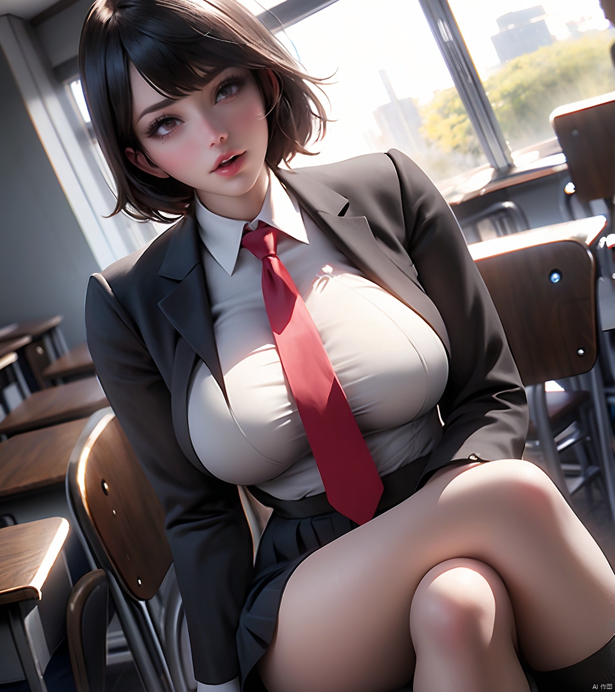 1girl, breasts, short hair, open mouth, skirt, large breasts, black hair, brown eyes, sitting, school uniform, jacket, thighs, pleated skirt, necktie, socks, chair, , blazer, crossed legs, desk, classroom