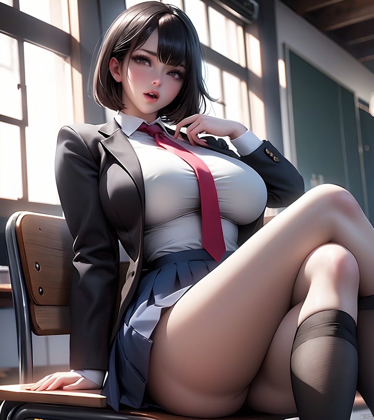 1girl, breasts, short hair, open mouth, skirt, large breasts, black hair, brown eyes, sitting, school uniform, jacket, thighs, pleated skirt, necktie, socks, chair, , blazer, crossed legs, desk, classroom