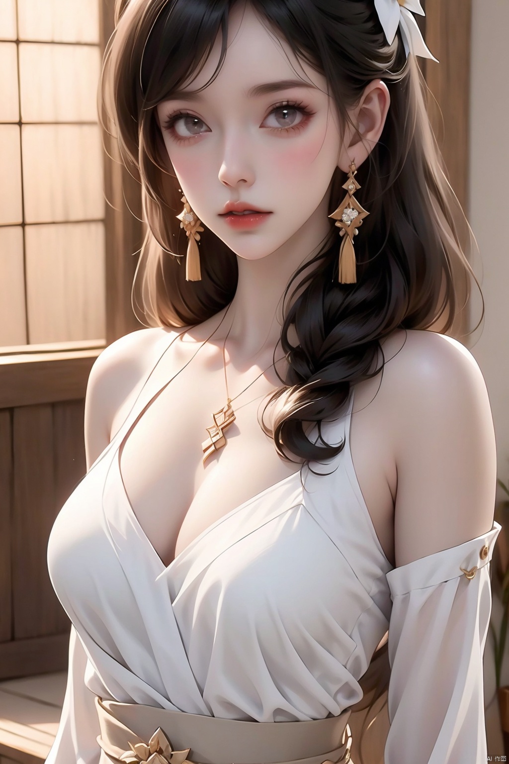 1024x1536
1girl, solo, long hair, breasts, looking at viewer, bangs, black hair, hair ornament, long sleeves, dress, cleavage, bare shoulders, jewelry, medium breasts, upper body, flower, earrings, parted lips, indoors, hair flower, white dress, grey eyes, sash, tassel
