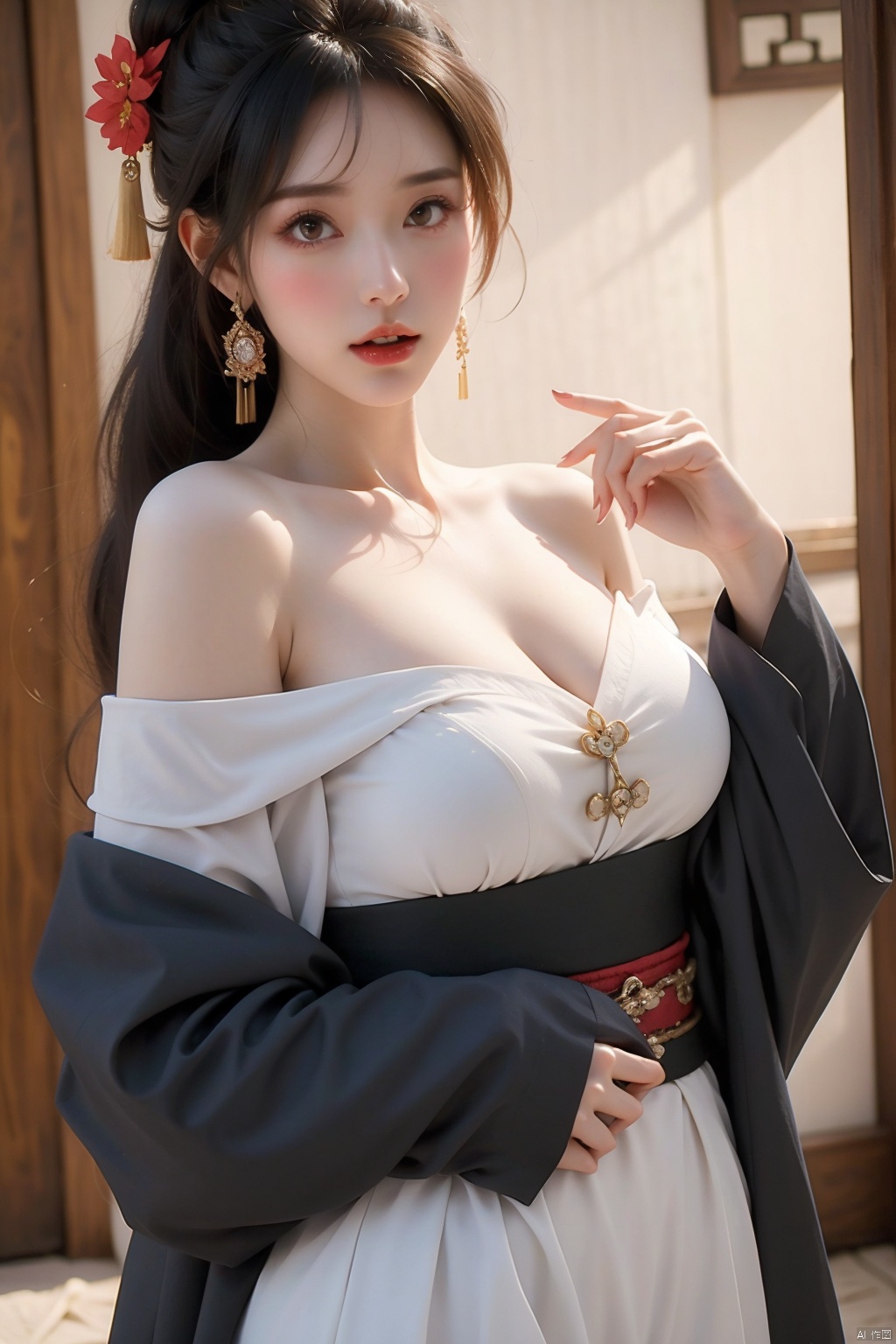 1girl, solo, long hair, breasts, looking at viewer, open mouth, bangs, black hair, hair ornament, long sleeves, dress, cleavage, hair between eyes, bare shoulders, jewelry, medium breasts, jacket, flower, indoors, hair flower, off shoulder, white dress, black eyes, sash, chinese clothes, cleavage , hair rings