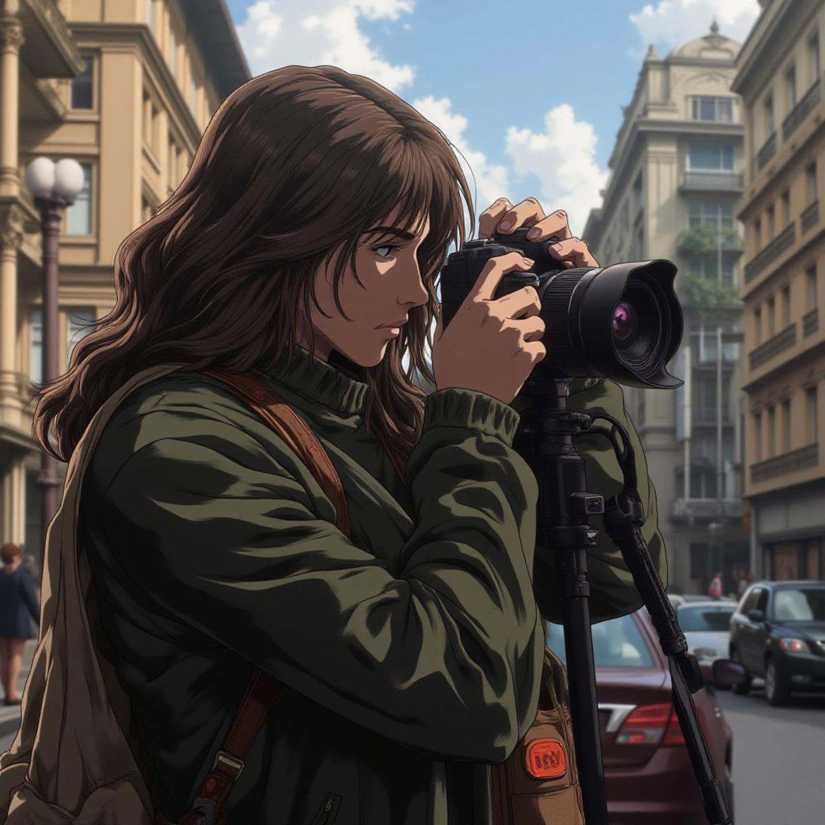 A egmid photographer on a city street with a camera,  capturing a moment in motion,  extremely detailed on Tensor.Art