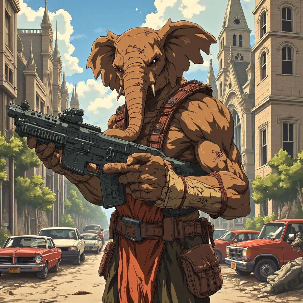A anthropomorphic elephant warrior,  holding a futuristic weapon,  standing in front of a destroyed church on Tensor.Art