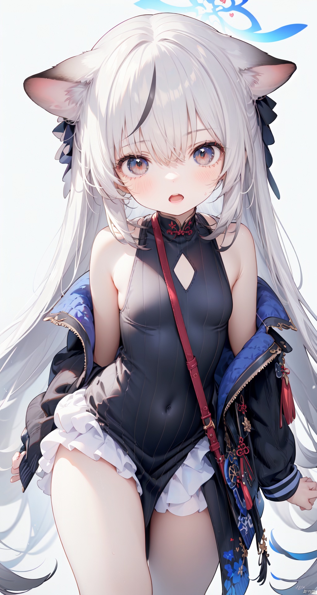 (score_9,score_8_up,score_7_up),1girl,(masterpiece:1.3),( beautiful:1.2),(high quality:1.2),(finely detailed:1.2),extremely detailed CG unity 8k wallpaper,best quality,a very delicate and beautiful,perfect fingers,(one cute girl at the center:1.2),1girl, solo, long hair, breasts, looking at viewer, blush, open mouth, bangs, skirt, black hair, long sleeves, dress, holding, animal ears, hair between eyes, brown eyes, very long hair, jacket, grey hair, multicolored hair, small breasts, striped, bag, black dress, streaked hair, black jacket, halo, chinese clothes, white skirt, handbag, shoulder bag, black bag, striped dress,loli,kokonaBA