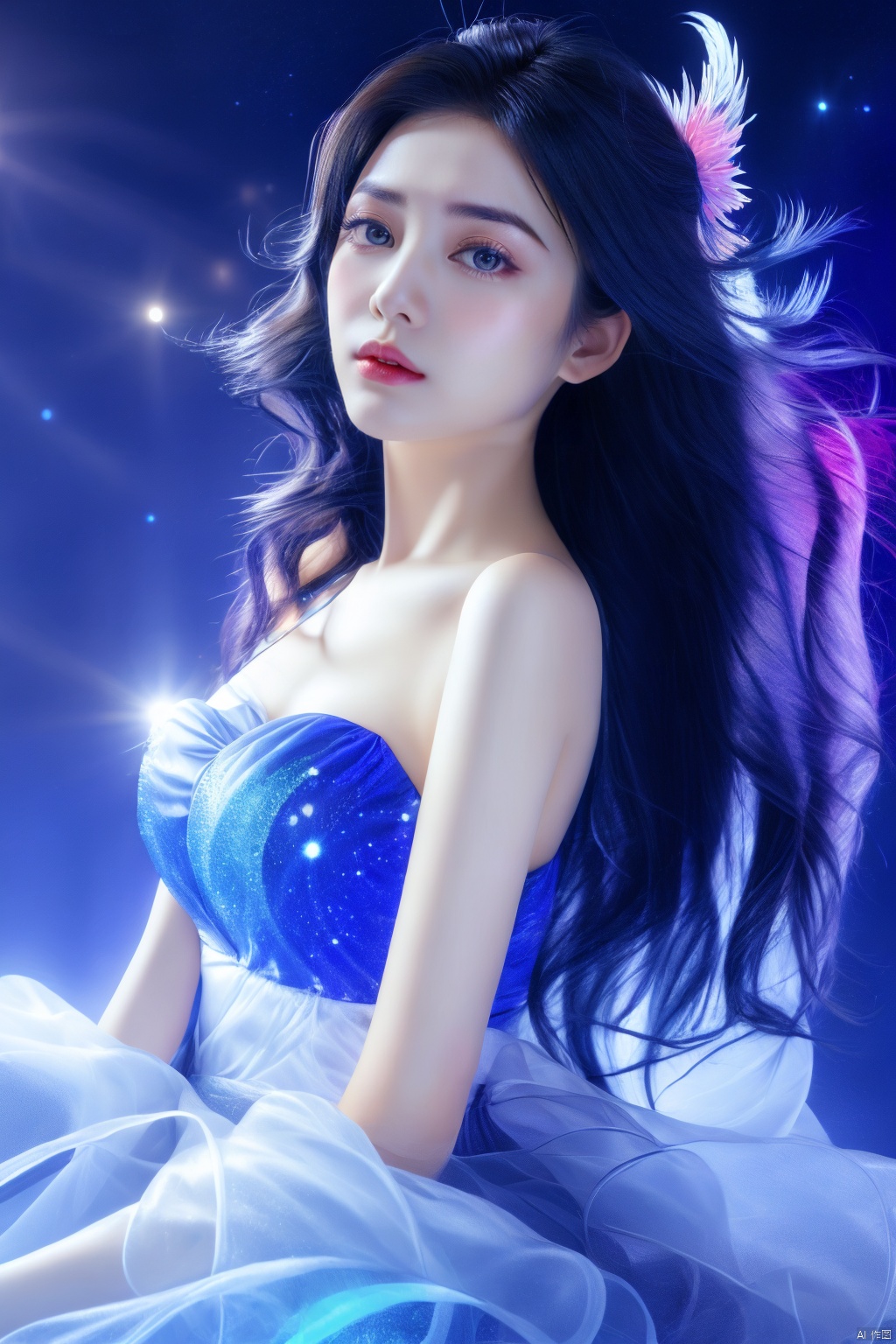 (masterpiece), best quality, ultra high res,1girl, keaiqunzi, big breasts,1girl flying above stunning cityscape ,hoodie,blue hair, neon color shooting stars, very long hair, off shoulder, feather hair ornament, neon colors, flashes, stunning night sky, cinematic lighting, photorealistic, realistic skin, HDR,fisheye, 1 girl