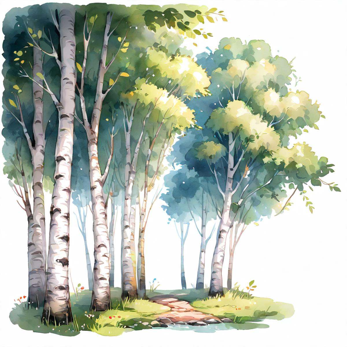 a birch tree clipart,  white background,  cute on Tensor.Art