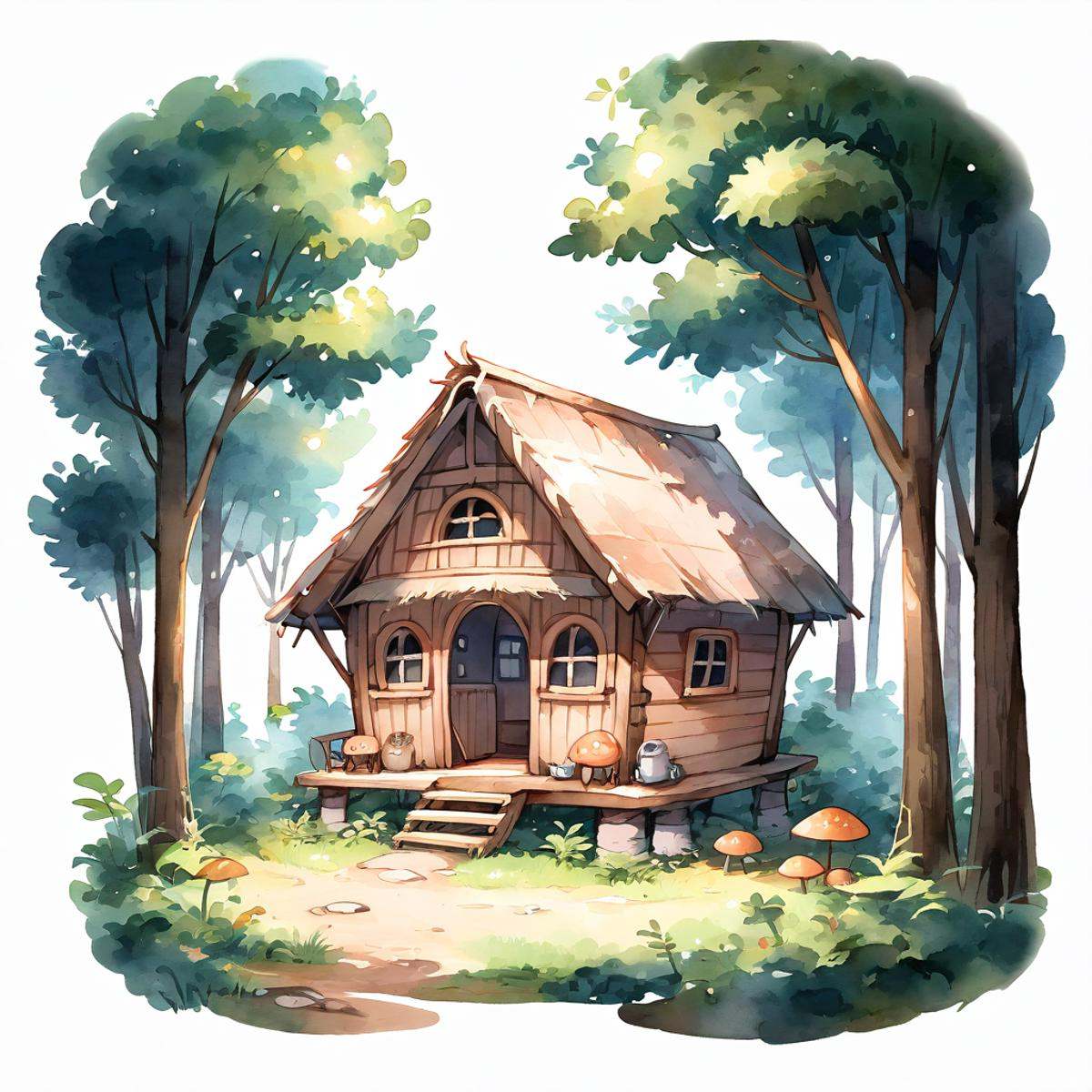 a hut in a forest clipart,  white background,  cute on Tensor.Art