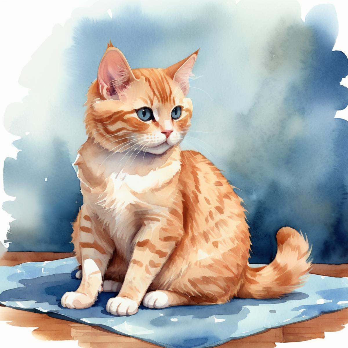 a ginger cat sitting on a blue carpet in a room clipart,  cute,  niji watercolor style on Tensor.Art