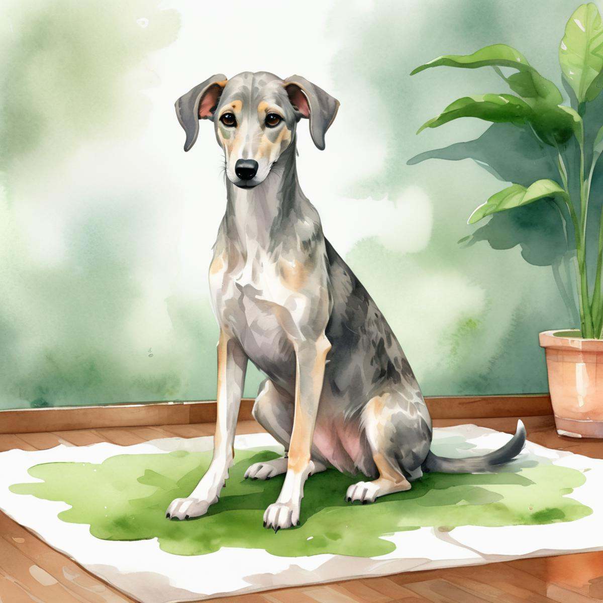 a grey hound sitting on a green carpet in a room clipart,  cute,  niji watercolor style on Tensor.Art
