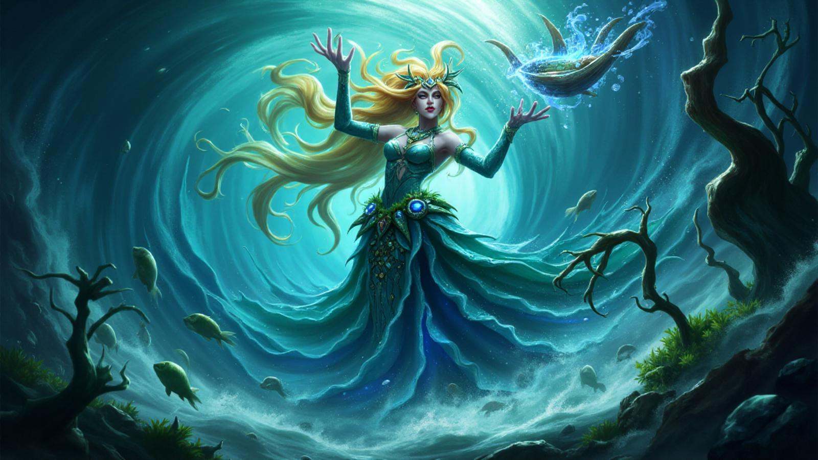 illustration in lolsart style,  A mysterious aquatic enchantress emerges from a swirling whirlpool,  her lower body a mass...