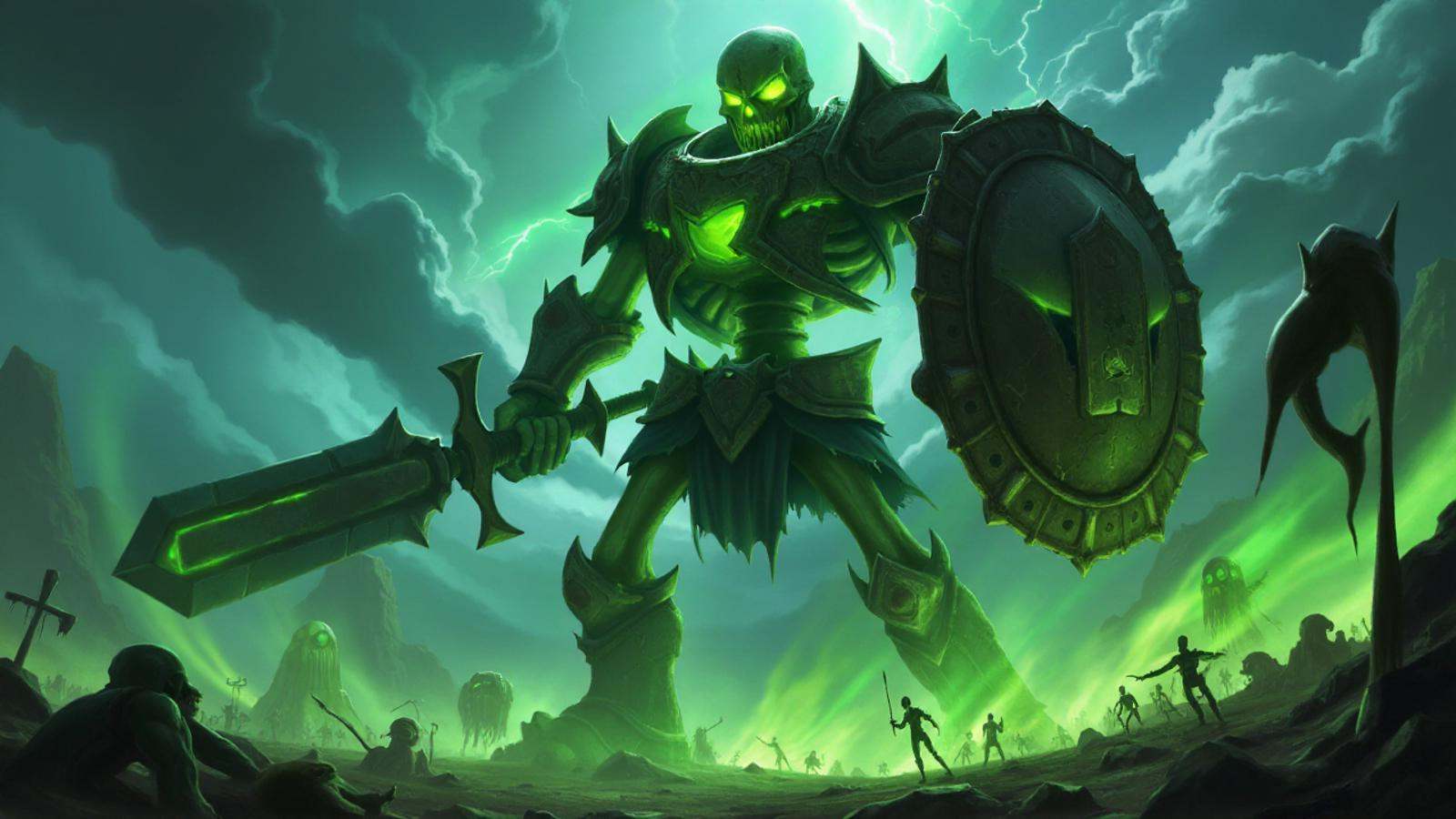 illustration in lolsart style,  A colossal skeleton warrior towers over a battlefield,  its bones weathered and ancient on...