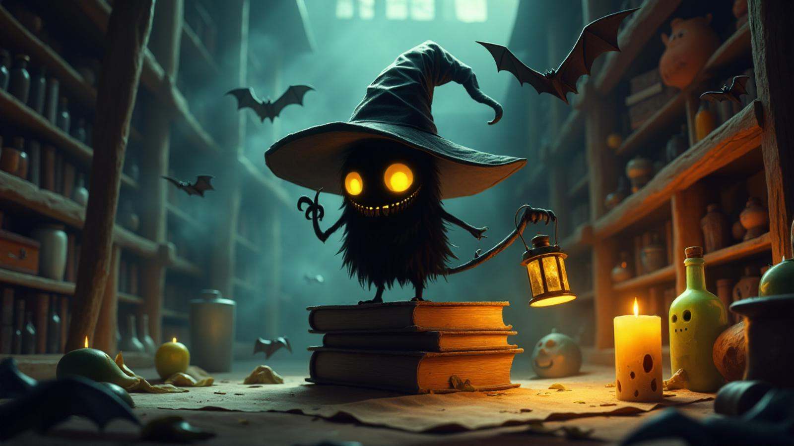 illustration in lolsart style,  A mischievous shadow creature peeks out from under a comically large witch's hat,  its bod...