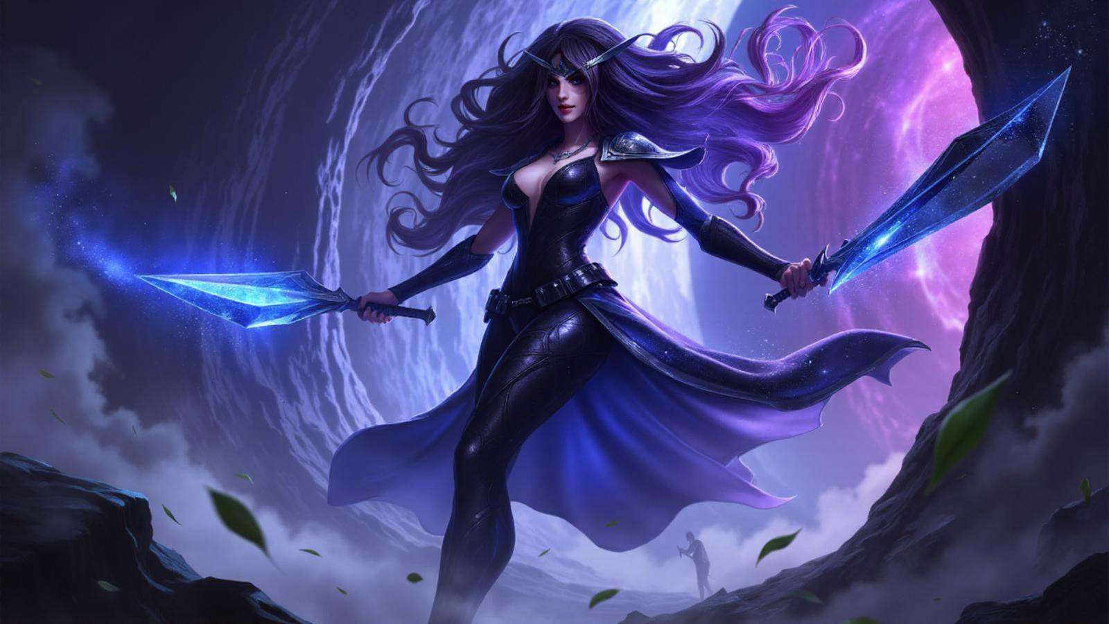 illustration in lolsart style,  A seductive void assassin emerges from the shadows,  her curvaceous form clad in sleek on...