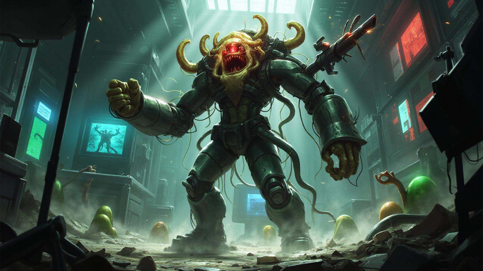 illustration in lolsart style,  A horrifying amalgamation of flesh and machine stands at the center of a ruined laboratory...