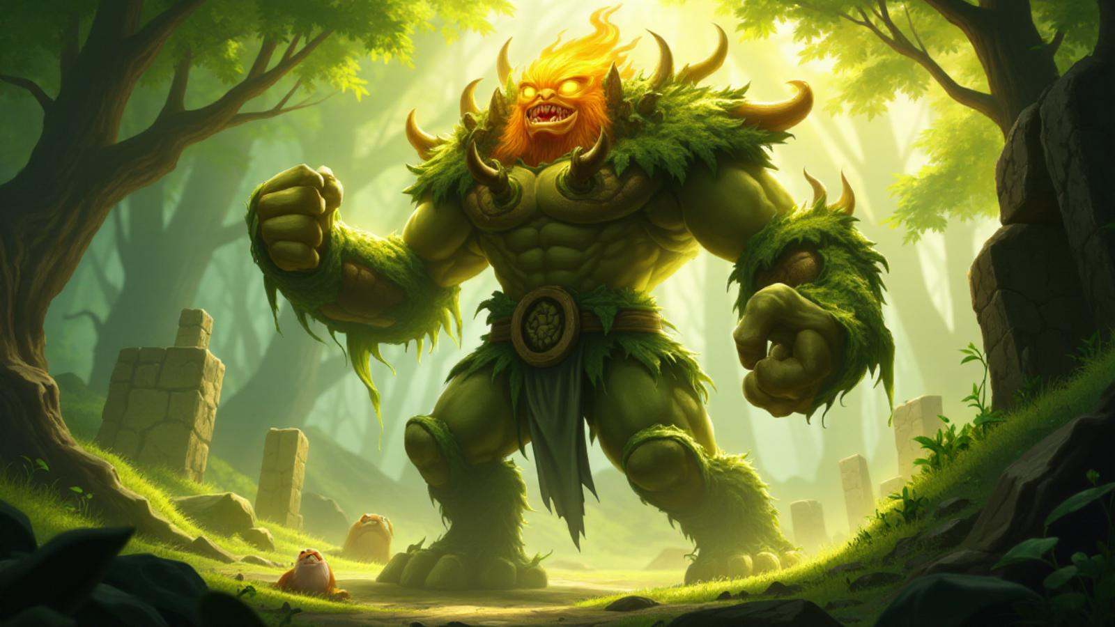 illustration in lolsart style,  A primal earth elemental rises from the ground,  body a patchwork of moss-covered stones a...