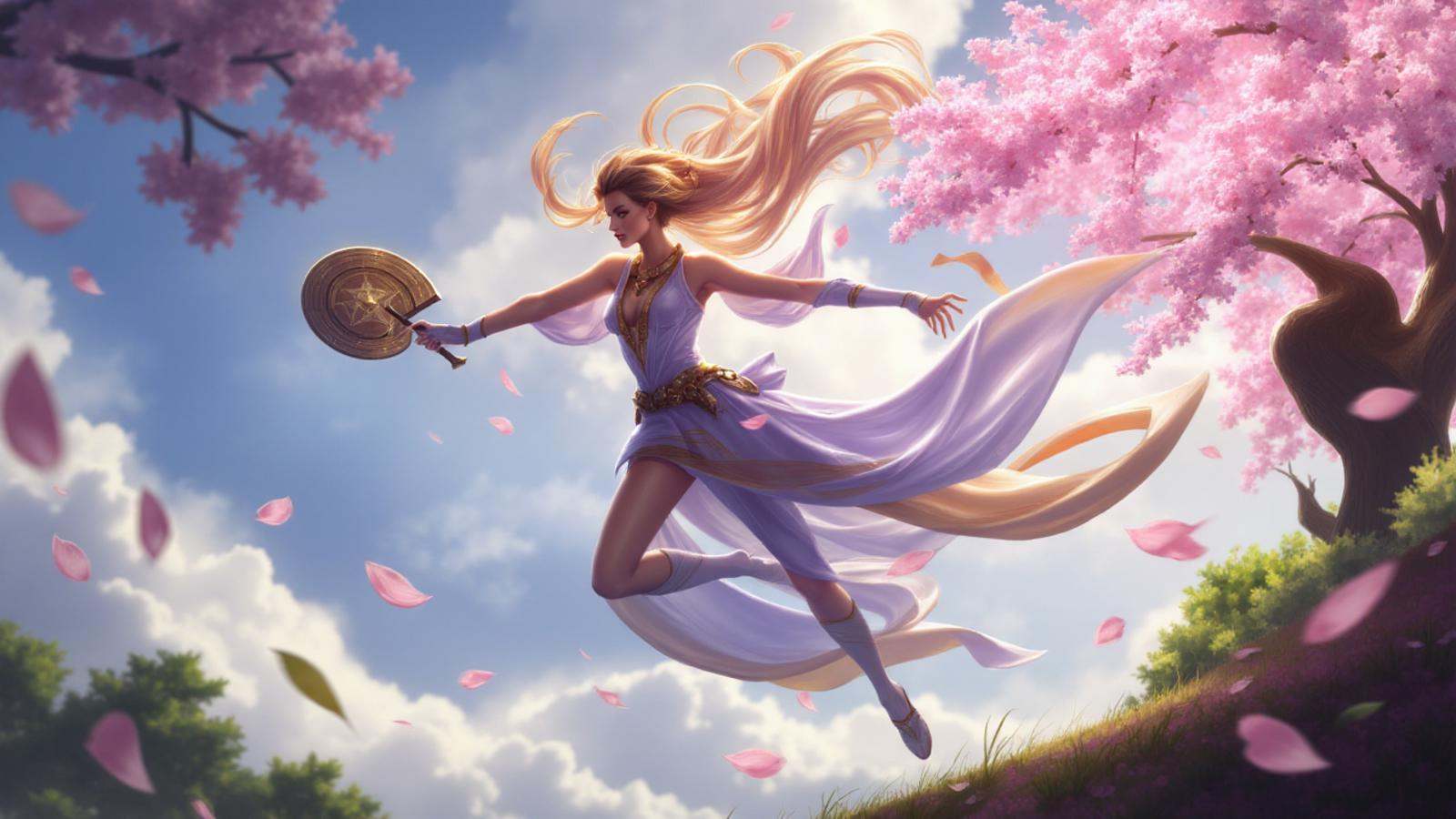illustration in lolsart style,  A graceful wind sorceress hovers above the ground,  her lithe form wrapped in flowing silk...