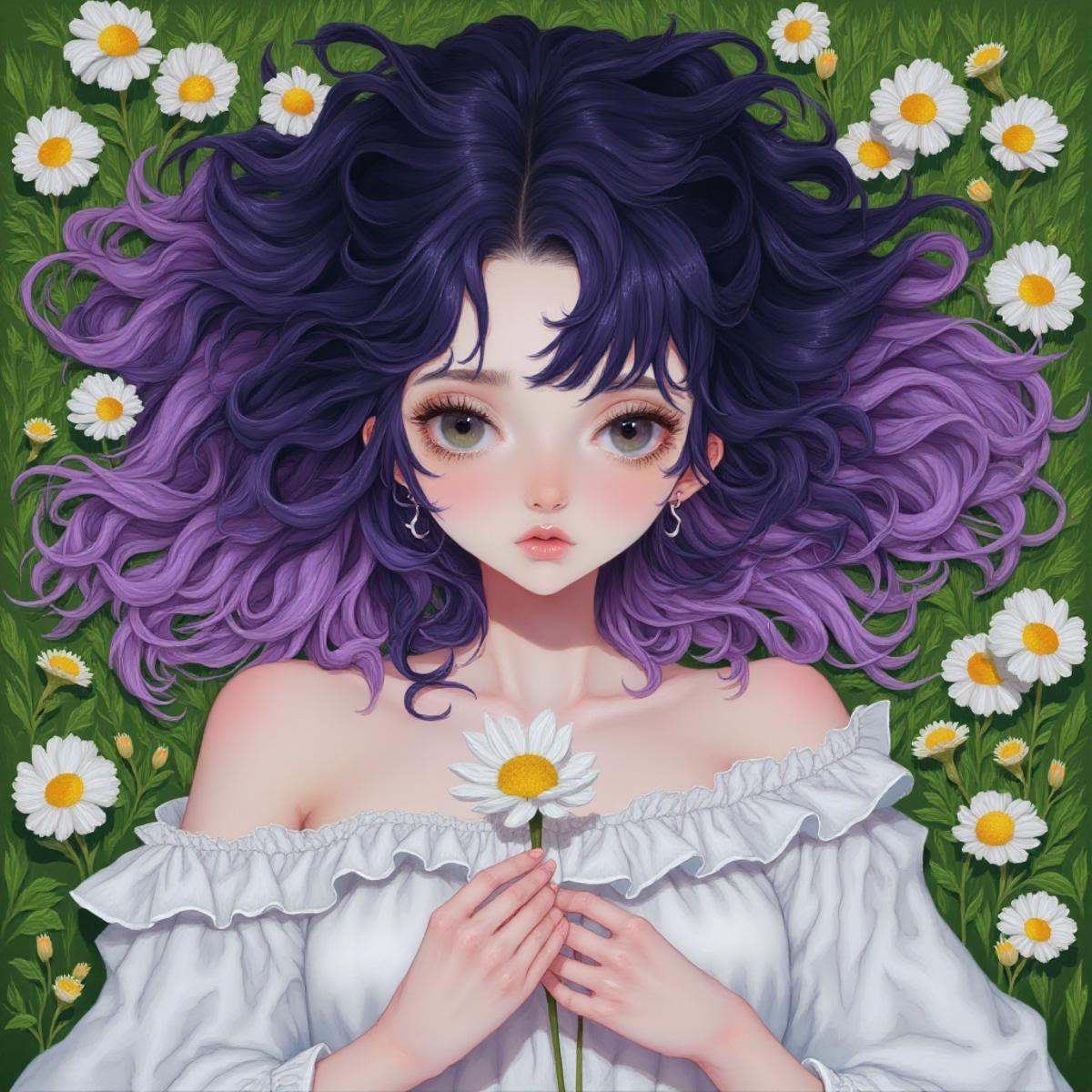 illustration in yogisya style, a woman with purple and black hair, laying on the grass, she has alot of flowers around, she is looking at the camera with sad big eyes, she is holding a white flower in his hands, <lora:yogisya:1>