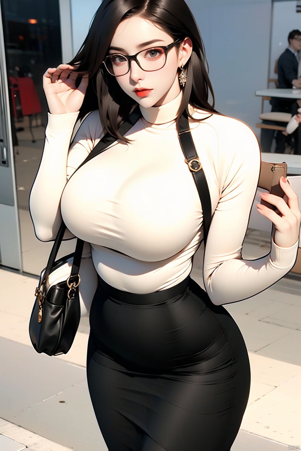 1girl solo breasts skirt large breasts cleavage jewelry sidelocks glasses bag sweater pencil skirt mature female handbag
