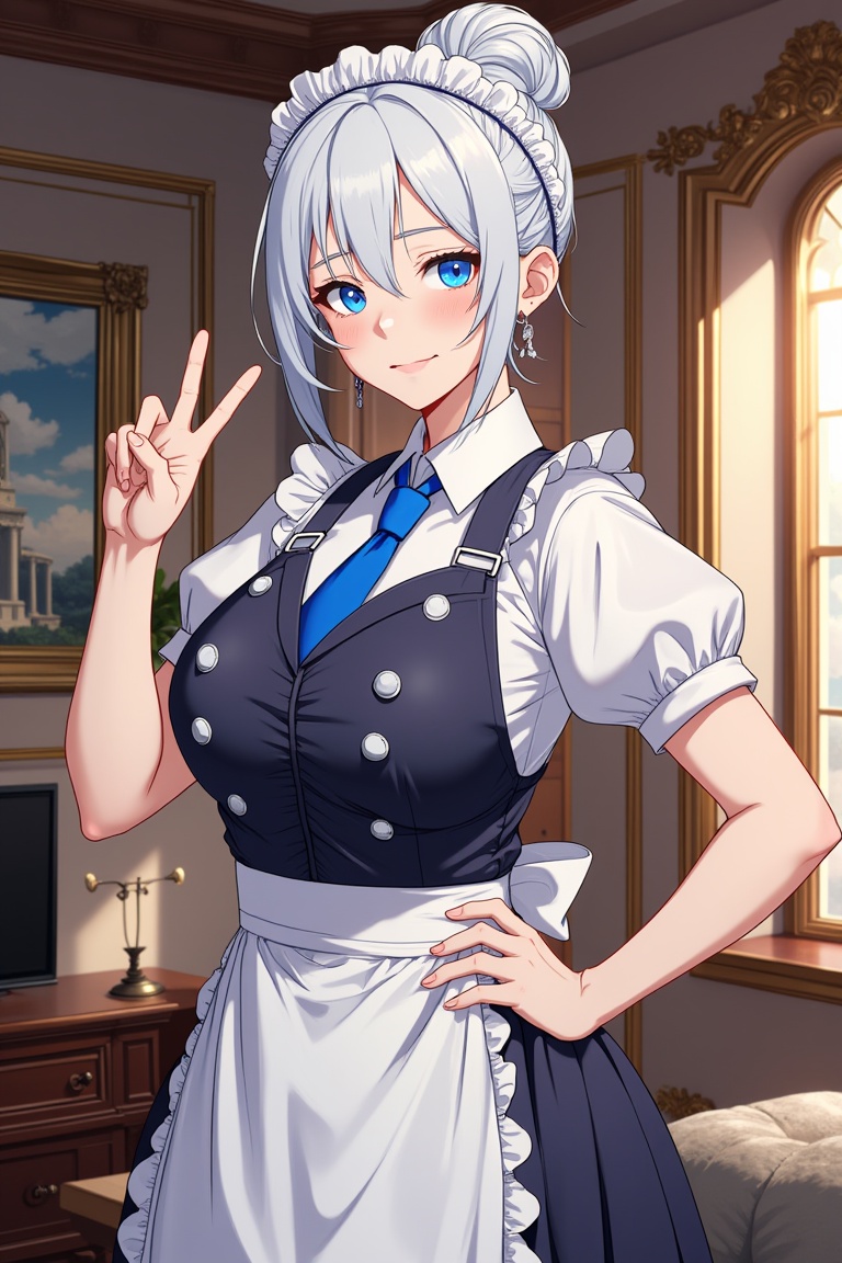 A woman standing inside a luxurious room. She is wearing a maid uniform. She has blue eyes and short white hair wrapped in...