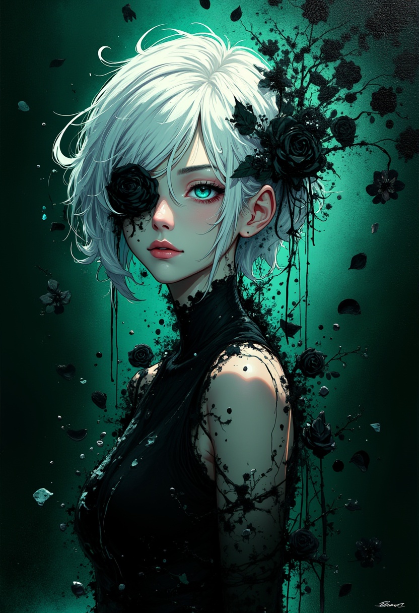 An Acrylic style painting that is expressive,  gives it a dynamic and emotional quality. Anime style of a stylized portrai...