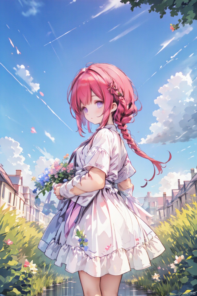 upper body,Create an image of an anime girl with bright red hair,wearing a sundress and holding a bouquet of wildflowers,standing in a field of tall grass with a soft breeze blowing through. The scene should capture the whimsical and carefree style of Sakimichan,with a sense of peace and tranquility in the air.